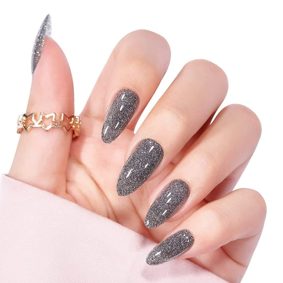 Press On Nails Medium - Made by Soft Gel, Reflective Glitter Almond Shaped Fake Nails with Nail Glue, Reusable Opaque Stick On Nails in 15 Sizes - 30 Nail Kit, Black Glitter