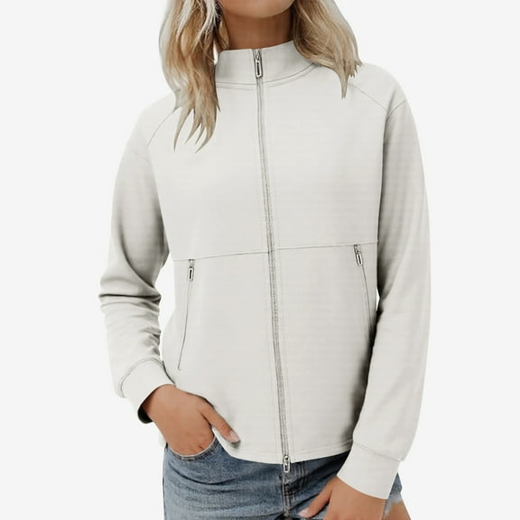 Women's Lightweight Zip Up Jacket, Long Sleeve Casual Coat with Pockets, Polyester Stand Collar Design for Spring and Fall Seasons