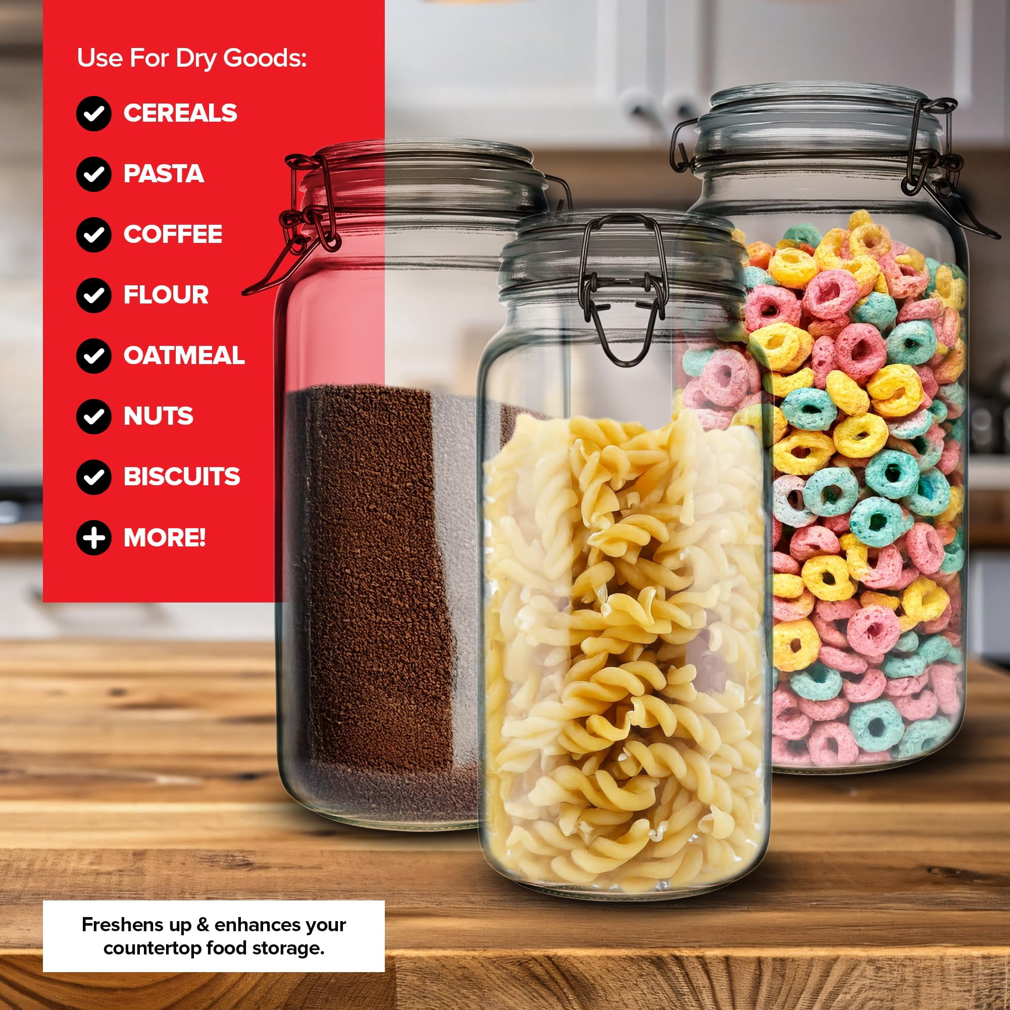 78 oz Large Glass Storage Containers With Airtight Clamp Lids, Set of 3 Hinge-Top Food Storage Mason Jars for Pantries, Sealed Glass Kitchen Jars for Flour, Pasta, Sugar or Cereal
