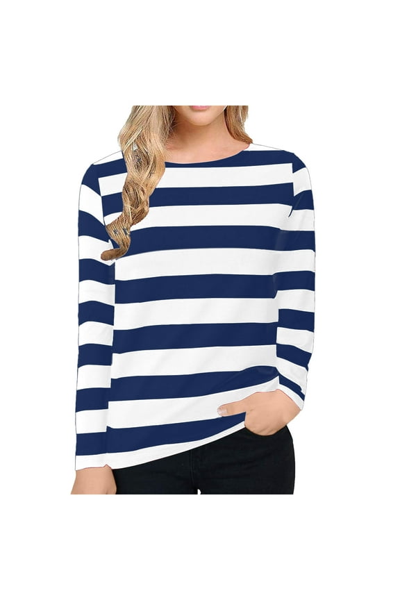 Womens Striped Long Sleeve Shirt Boats Neck Tops Nautical Loose Fitting Tshirt