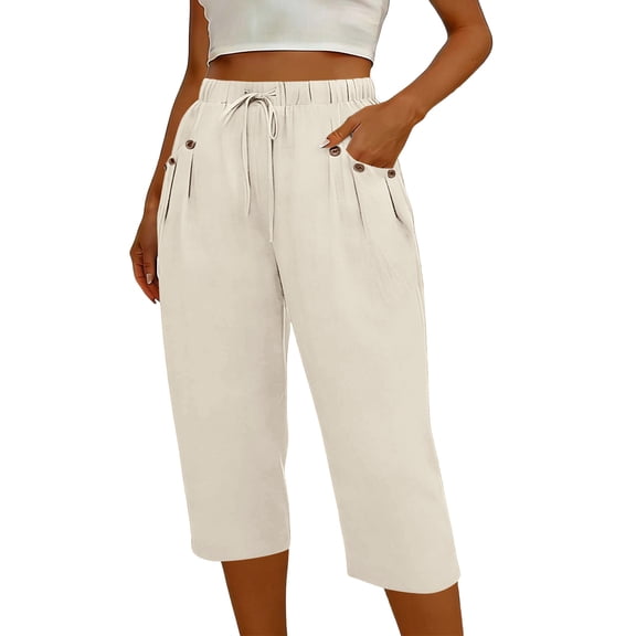 RQYYD Women's Elastic Waist Drawstring Capri Pants Casual Summer Button Detail Loose Cotton Blend Trousers with Pockets