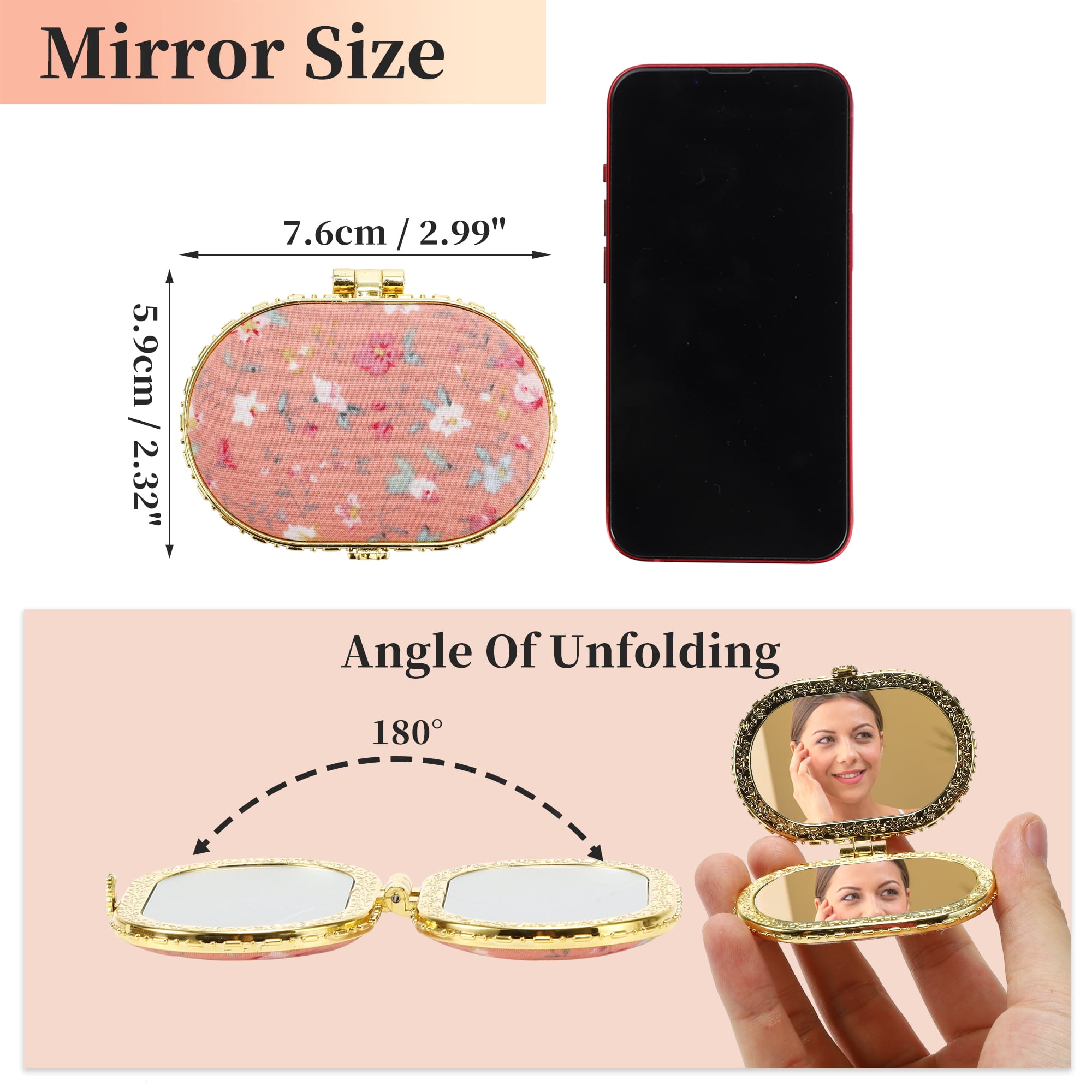 Unique Bargains Floral Oval Mini Mirror for Purses Pink 1 Pc