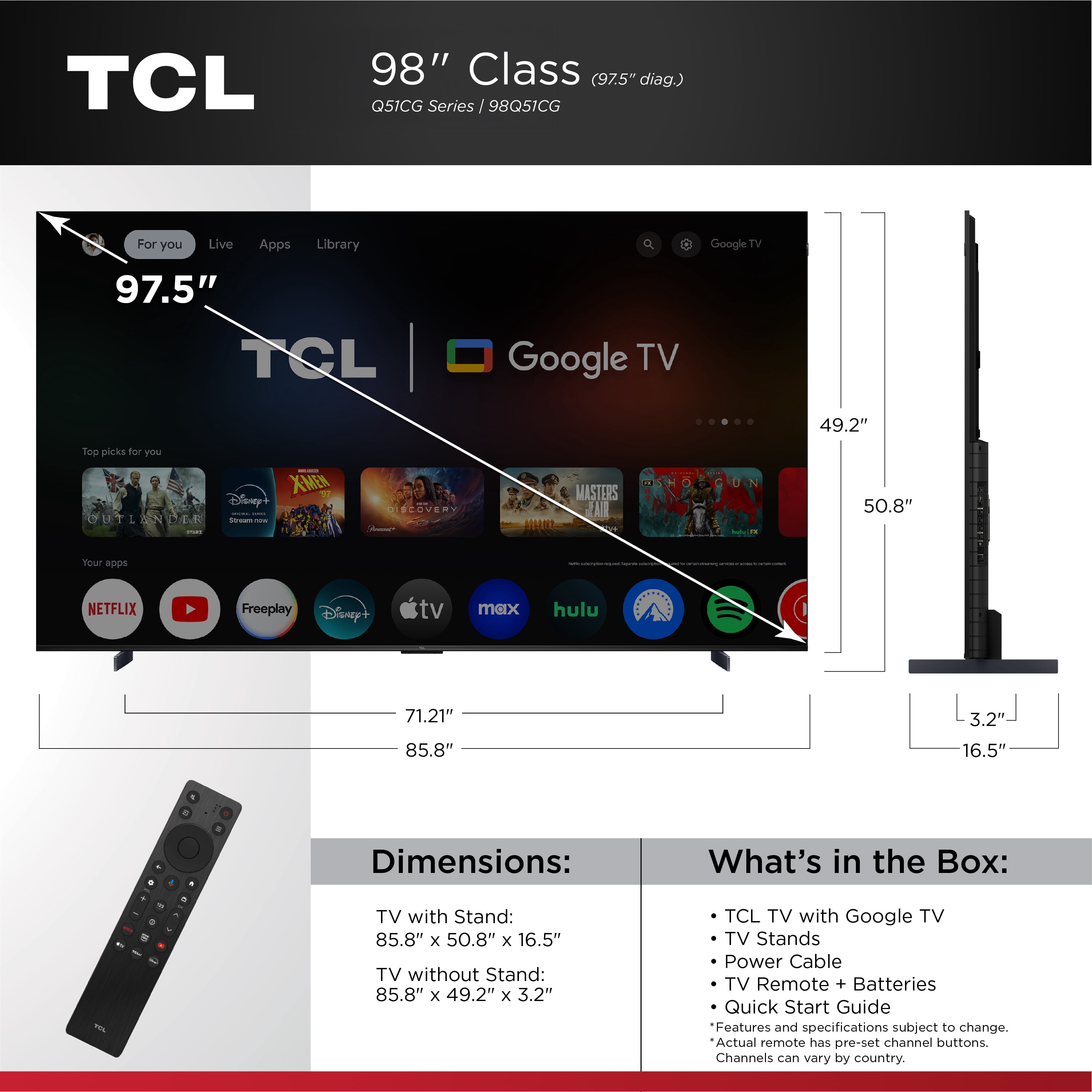 TCL 98Q51CG 98" Q51CG Series 4K UHD QLED TV with1x Quick Start Guide, 1x Power Cord, 1x TV Remote, 2x TV Remote Batteries, 2x TV Stand