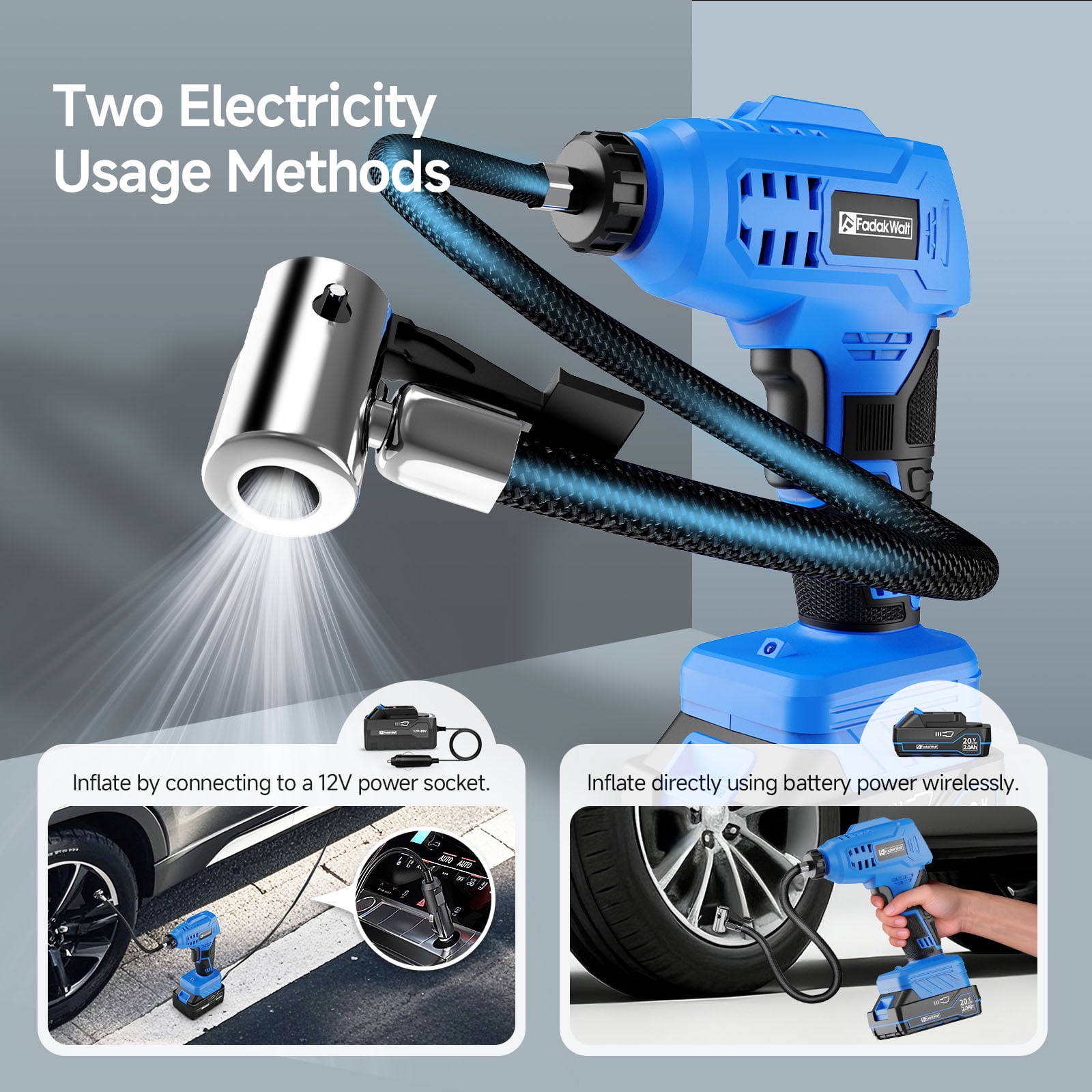 FADAKWALT Tire Inflator Portable Air Compressor, 20V Cordless Car Tire Pump, 160PSI Handheld Electric Air Pump with Rechargeable Battery, Auto Shutoff & Digital Gauge for Cars & Motorcycles(blue)