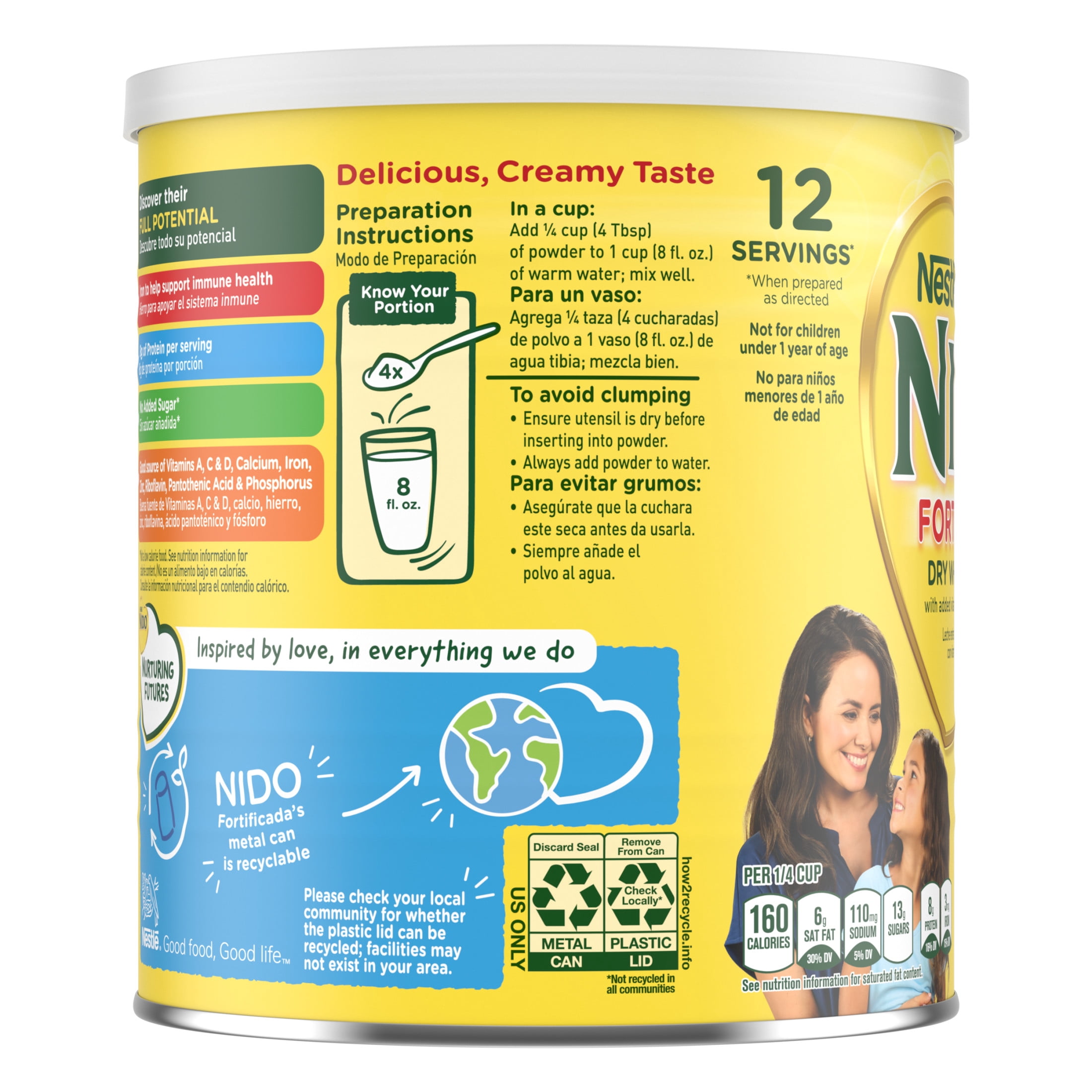 NIDO Fortificada Dry Whole Milk Powder with Vitamins A, C, D, Iron & Calcium, 12.6 oz Canister