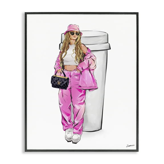 Stupell Industries Trendy Style Girl & Coffee Food & Beverage Painting Black Framed Art Print Wall Art, 11 x 14