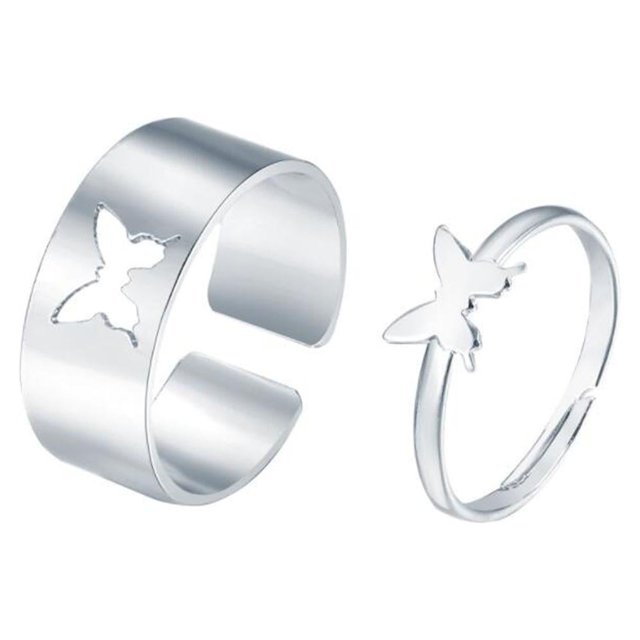 1x Juego de anillos a juego para bodas de chicas adolescentes, anillo abierto ajustable, lindo y simple. Mariposa plateada