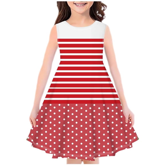 Zpanxa Girls Summer Sleeveless Polka Dot A-Line Dress, Kids Casual Round Neck Print Swing Sundress Red 4-5 Years