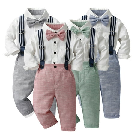 

Esaierr Toddler Boy Dress Outfit Long Dress Shirt Detachable Suspenders with Bowtie+suspender Pants Dressy Outfit Clothes