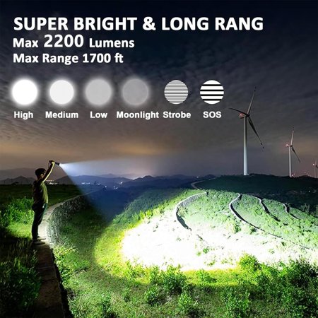 Rechargeable Flashlight 2200 Lumens Super Bright LED Tactical Flashlight with IPX6 Waterproof 6 Modes for Camping Hiking Emergencies