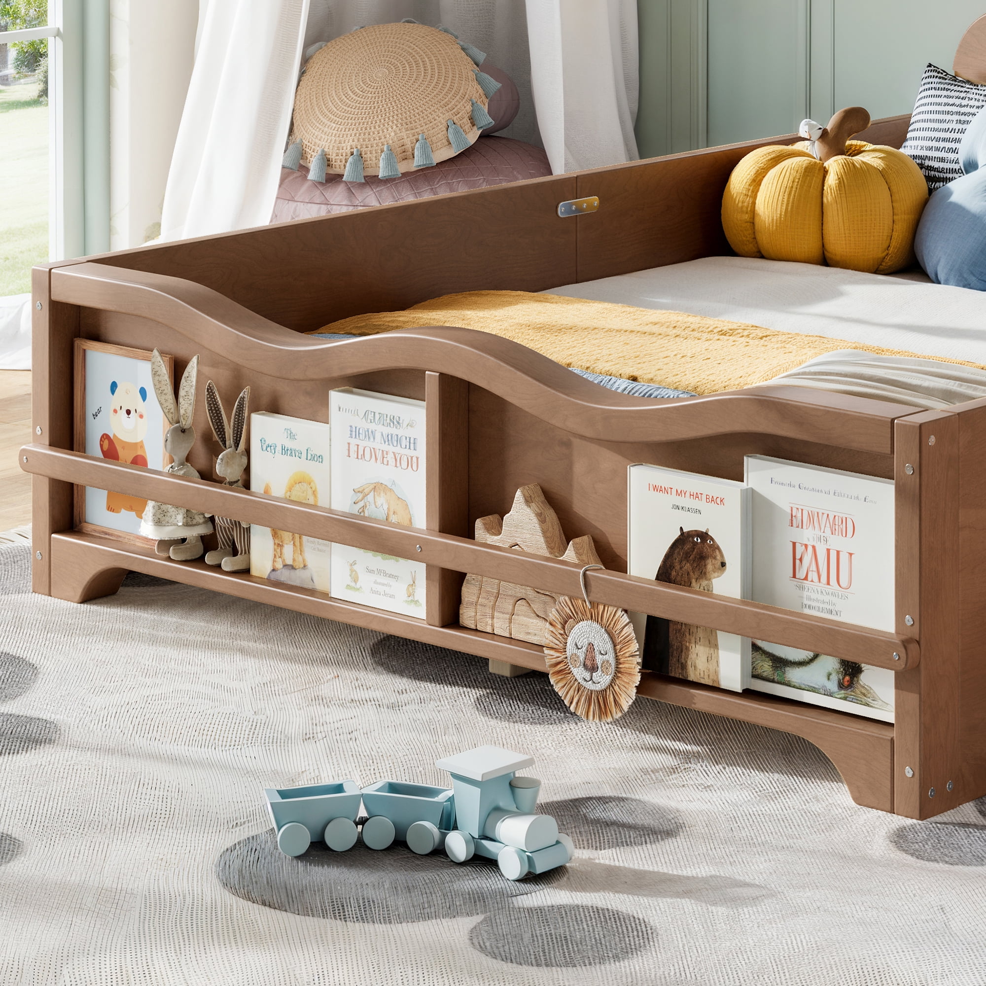 Leumius Full Platform Bed,Modern Wood Frame Bed with Full Surround Guardrails & Built-in Side Bookshelf for Kids Room,No Box Spring Needed,Deep Natural