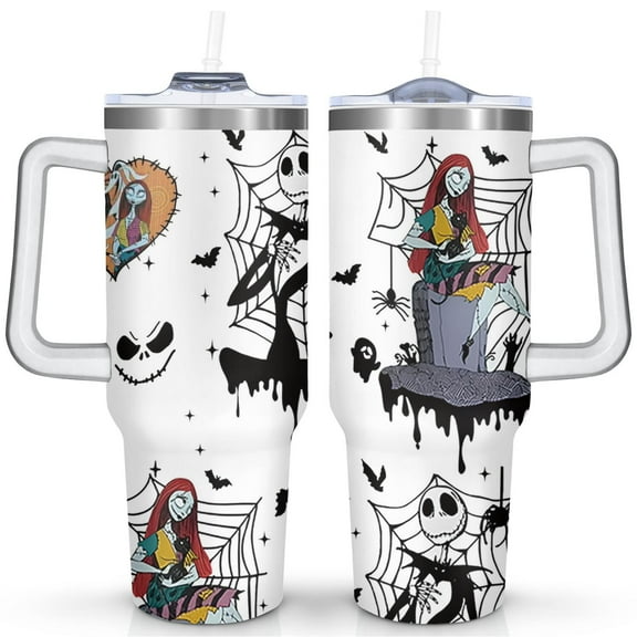 40oz Halloween Nightmare Before Stainless Steel Tumbler with Lid and Straw,Spill Proof Travel Christmas Jack Skeleton Cup Double Wall Vacuum Insulated Coffee Mug with Handle White