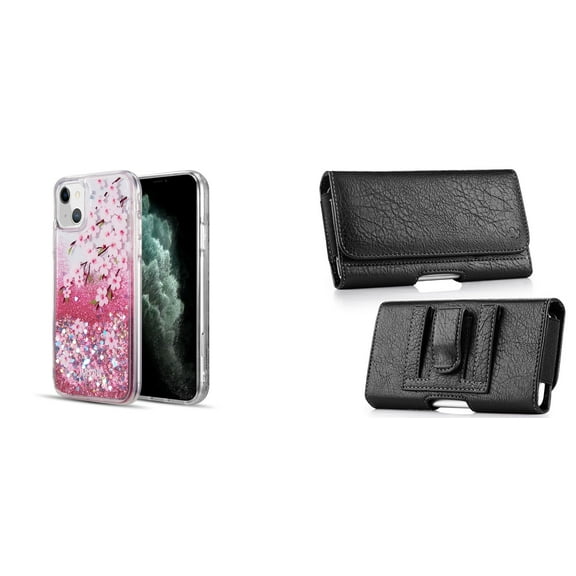 Liquid Glitter Case for iPhone 14 Plus and Belt Holster Pouch - Cherry Blossom