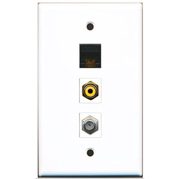 RiteAV - 1 Port RCA Yellow and 1 Port Coax Cable TV- F-Type and 1 Port Cat6 Ethernet Black Wall Plate