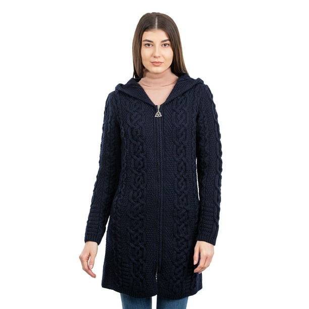 SAOL 100 Merino Wool Women's Aran Zip Hooded Irish Cardigan Sweater