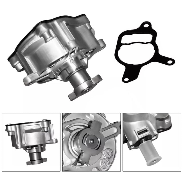 Vacuum Pump 07K145100H 904-817 for VW Jetta, Passat, Beetle, Golf, Rabbit, and Audi 2.5L. The image shows a silver metal vacuum pump with a durable, lightweight design and precise fittings. Includes a black gasket for installation. Designed for direct replacement in compatible Volkswagen and Audi models, offering stable performance and high reliability.