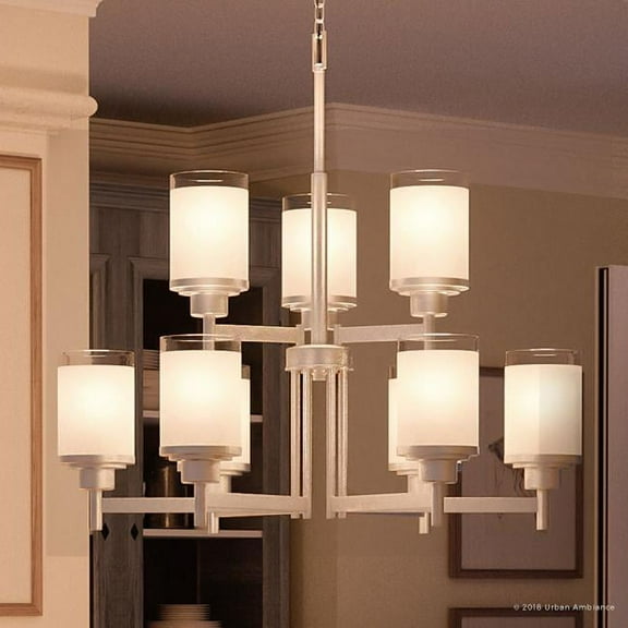 Urban Ambiance Luxury Modern Chandelier, Size: 28-1/2"H x 28"W, with Farmhouse Style Elements, Brushed Nickel Finish and Etched Linen with Clear Edge Shade, UHP2021