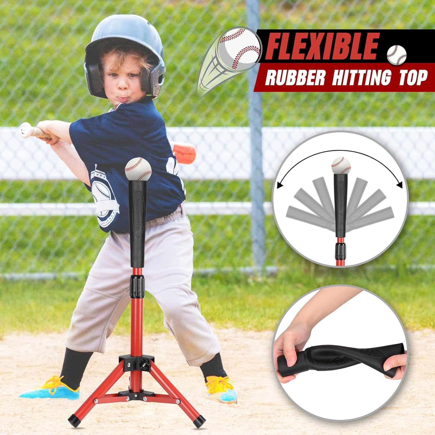 Adoreal Baseball Tee for Kids, Baseball Tee Baseball Batting Tee for Kids Softball & Baseball Practice Tee Easy Adjustable Height Portable Hitting Tee with Carry Bag(Red)