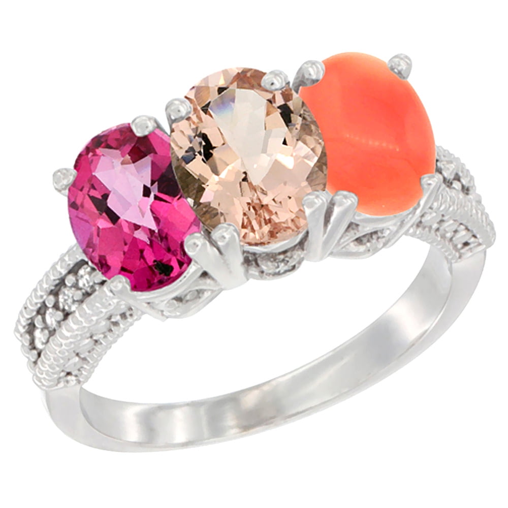 10K White Gold Natural Pink Topaz, Morganite & Coral Ring 3-Stone Oval 7x5 mm Diamond Accent, sizes 5 10 by WorldJewels
