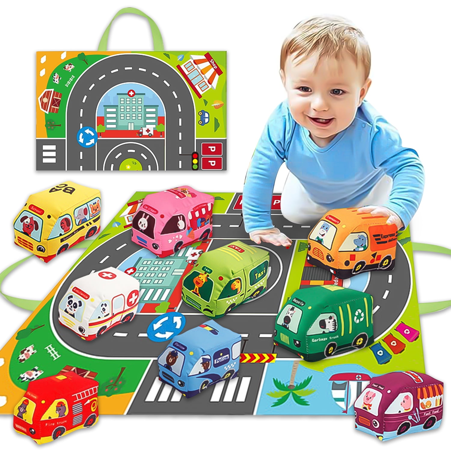 Car Toys for 1 Year Old Boy, 9 Pcs Soft Toy Cars with Playmat for Baby Boys Girls, Infant Baby Toys 12-18 Months, 1st Birthday Gifts for Toddler Toys Age 1-2