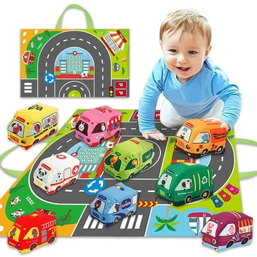 Car Toys for 1 Year Old Boy, 9 Pcs Soft Toy Cars with Playmat for Baby Boys Girls, Infant Baby Toys 12-18 Months, 1st Birthday Gifts for Toddler Toys Age 1-2