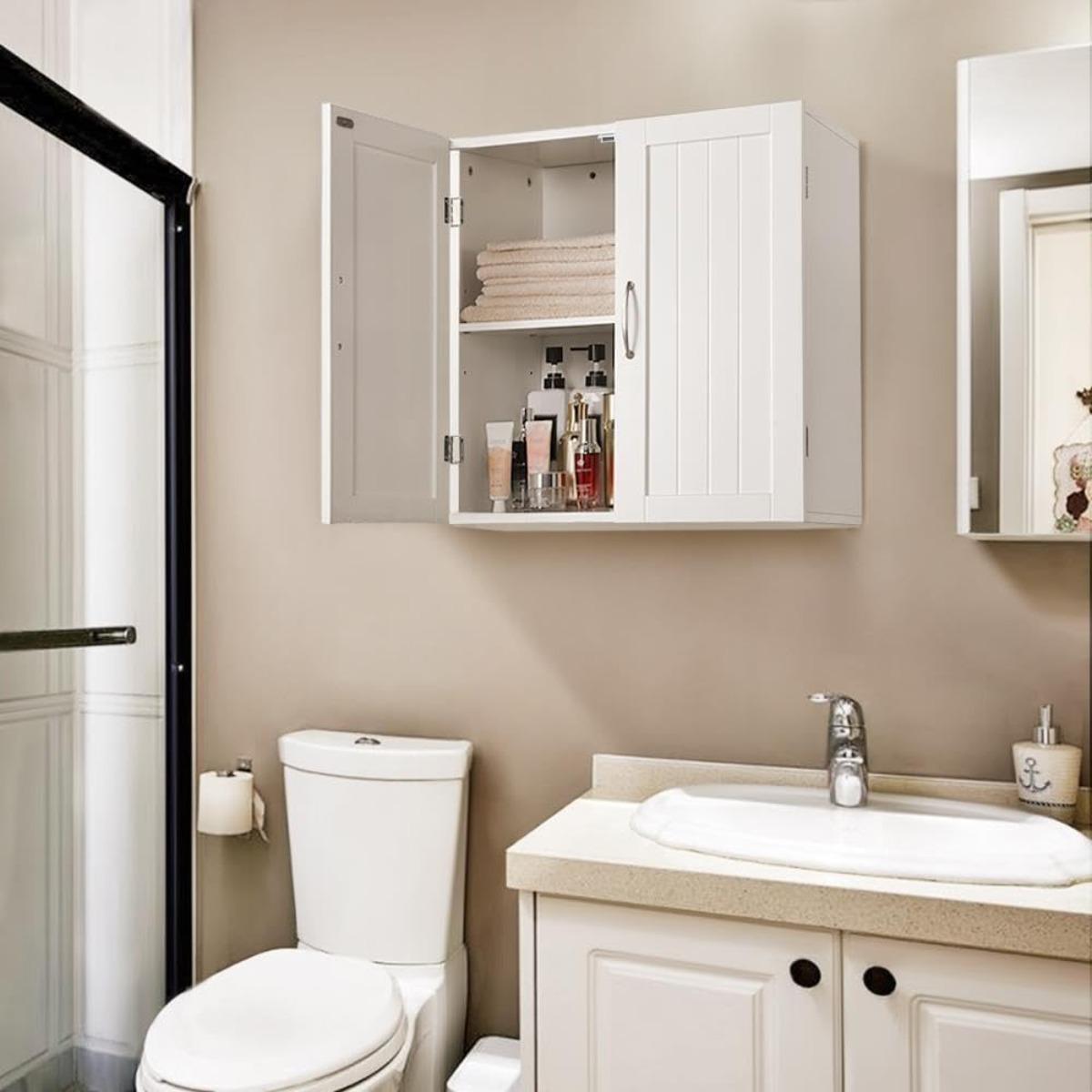 Bathroom Wall Cabinet, Kitchen Storage Cupboard Cabinet with 2 Doors, Wall Mount Storage Cabinet for Bathroom, Kitchen, Living Room, White