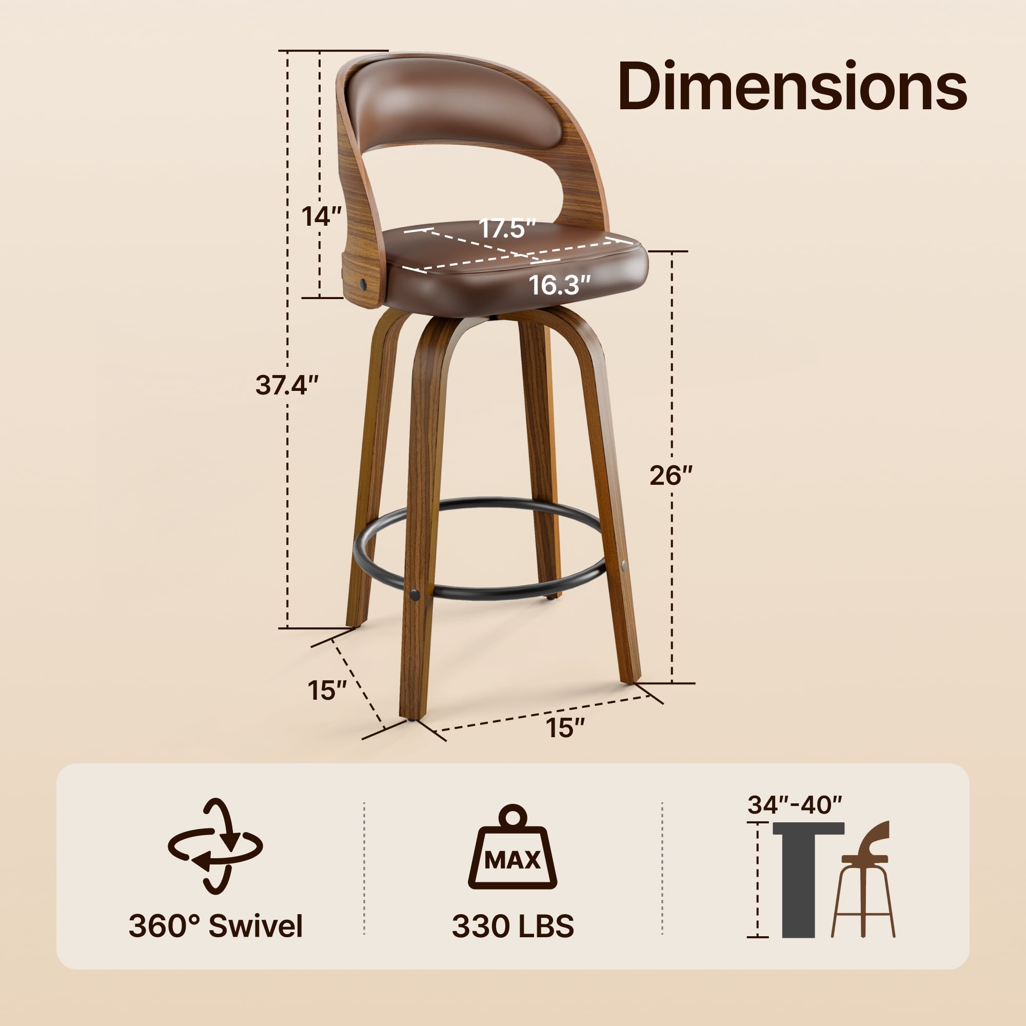 SUNCOZE Bar Stools Set of 2, 26 Inch Counter Height Modern Swivel Bar Chairs with PU Leather Upholstery and Solid Wood Legs, for Kitchen Island or Home Bar, Brown