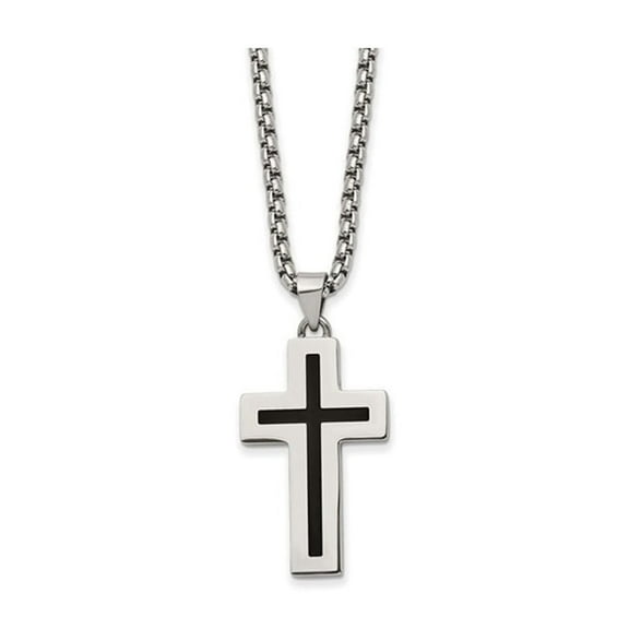 Mens Stainless Steel Black Enamel Cross Pendant Necklace with Chain (24 inches) for Men