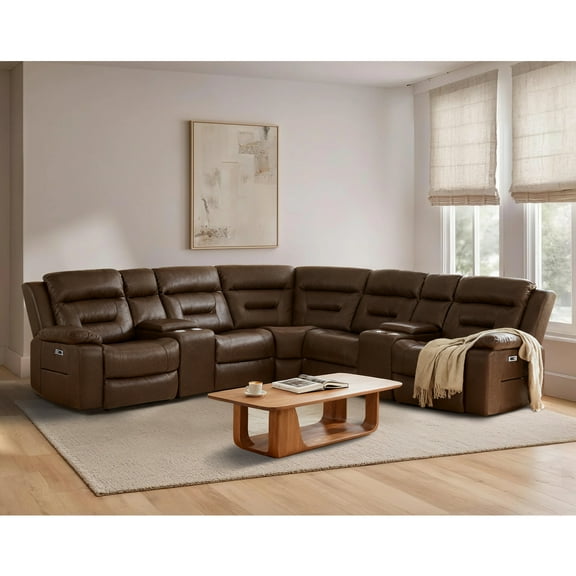 109" Faux Leather Reclining Sectional, 2 Power Recliners, USB & Type-C Port & Cup Holders