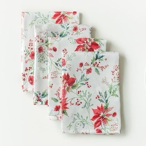 Heavyweight Printed Jacquard Fabric Christmas Table Cloth, for Holiday, Winter, and Christmas Tablecloth (Nostalgic Poinsettia, 18" x 18" Napkins Set of 4)