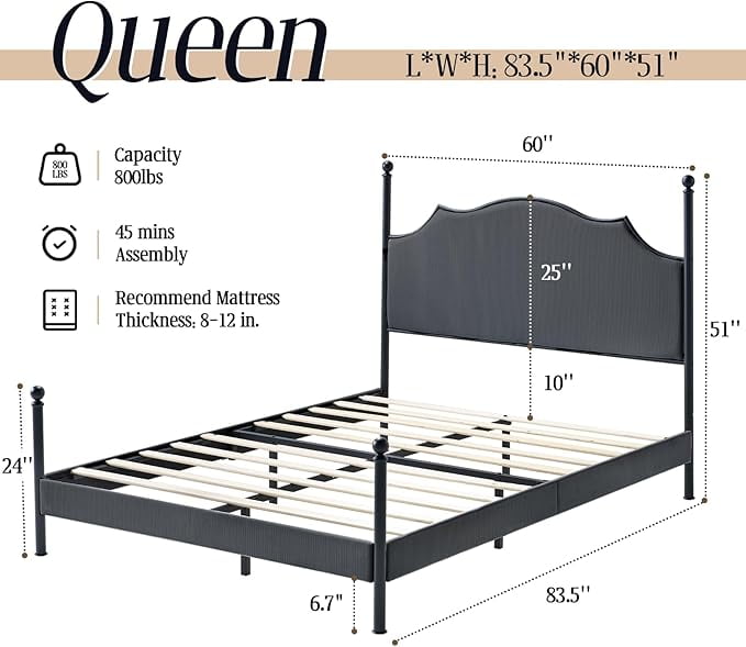 VanAcc Queen Bed Frame with LED Light & Arch Headboard, Modern Corduroy Upholstered Platform Bed with Metal Poster, Easy Assembly, Dark Gray