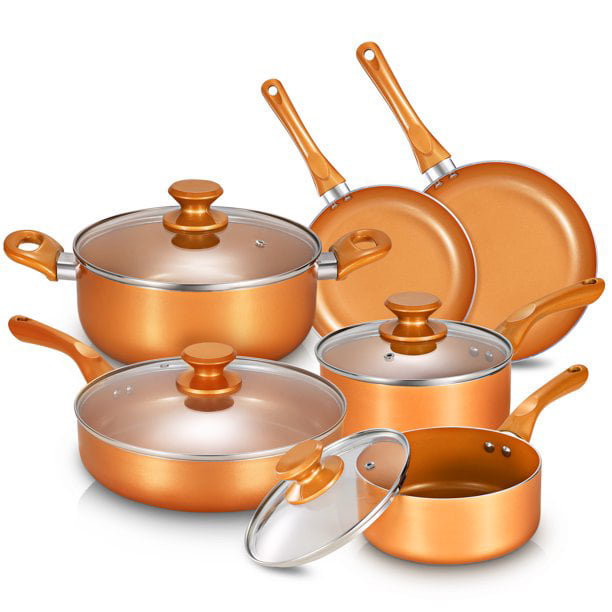KUTIME 10pcs Cookware Set Non-stick Frying Pans Set Ceramic Coating Soup Pot 1 Year Warranty Milk Pot Copper Aluminum Pan with Lid Gas Induction Compatible 