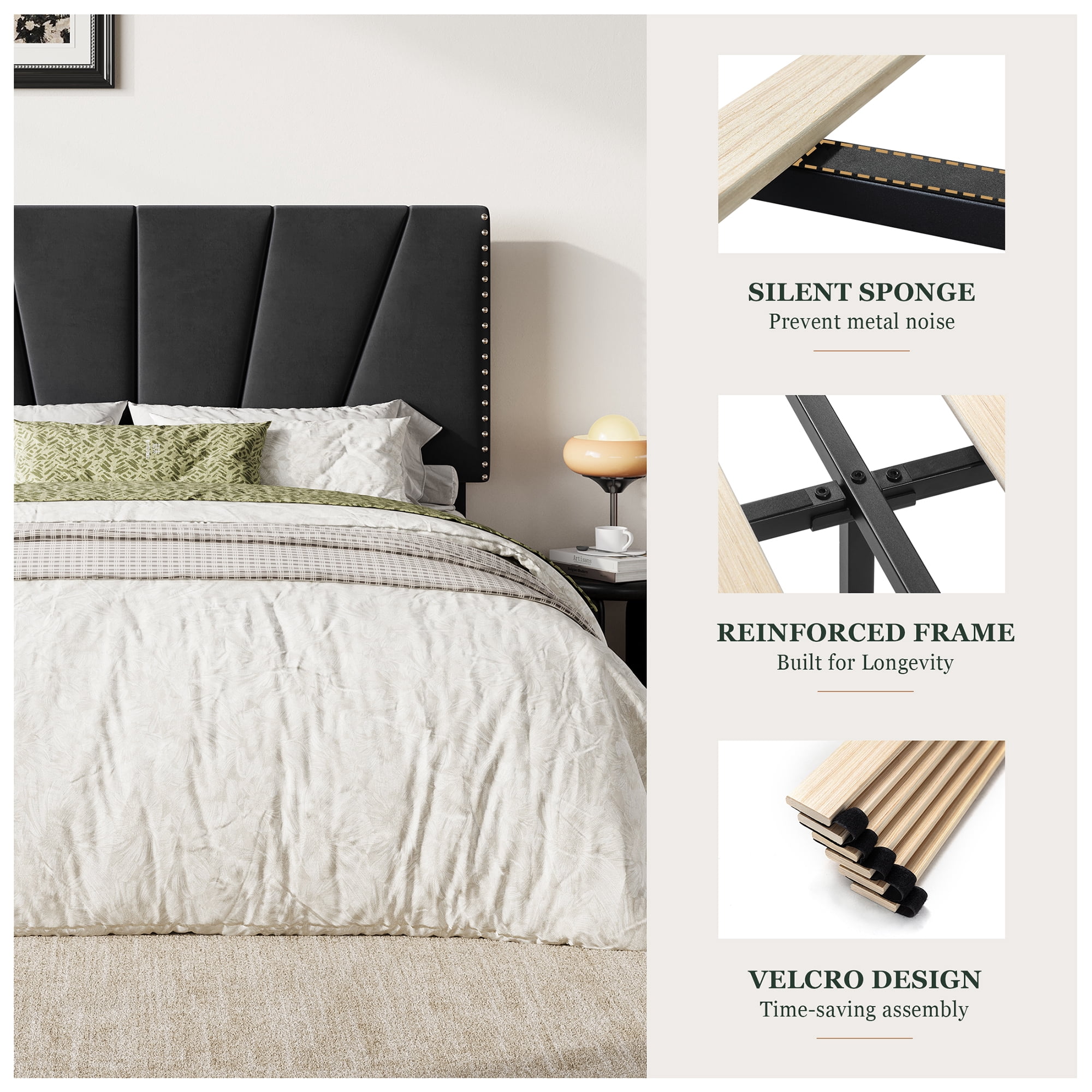 Amolife Queen Size Platform Bed Frame with Adjustable Velvet Upholstered Headboard, Black