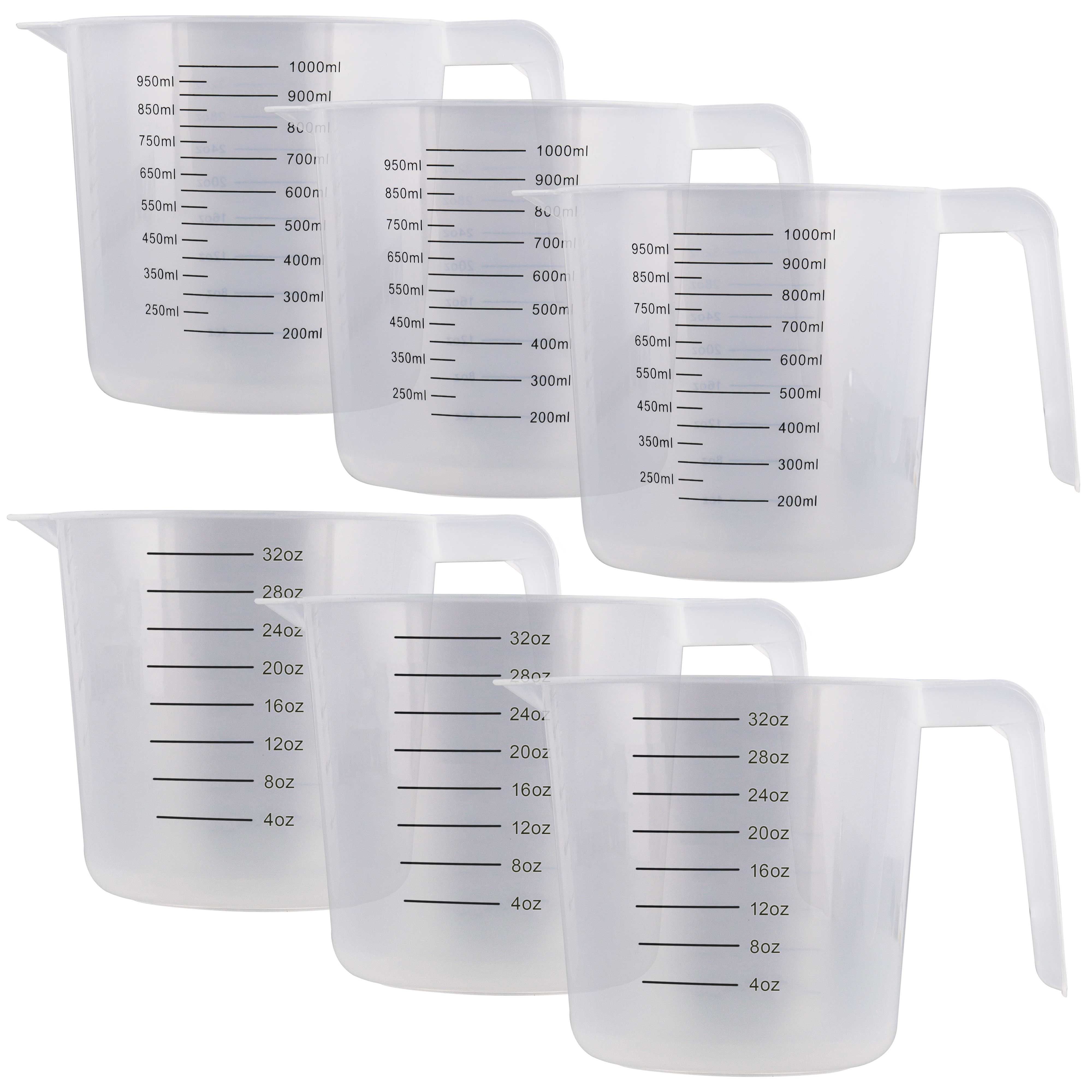 U.S. Kitchen Supply - 32 oz (1000 ml) Plastic Graduated Measuring Cups with  Pitcher Handles (Pack of 6) - 4 Cup Capacity, Ounce and ML Cup Markings 