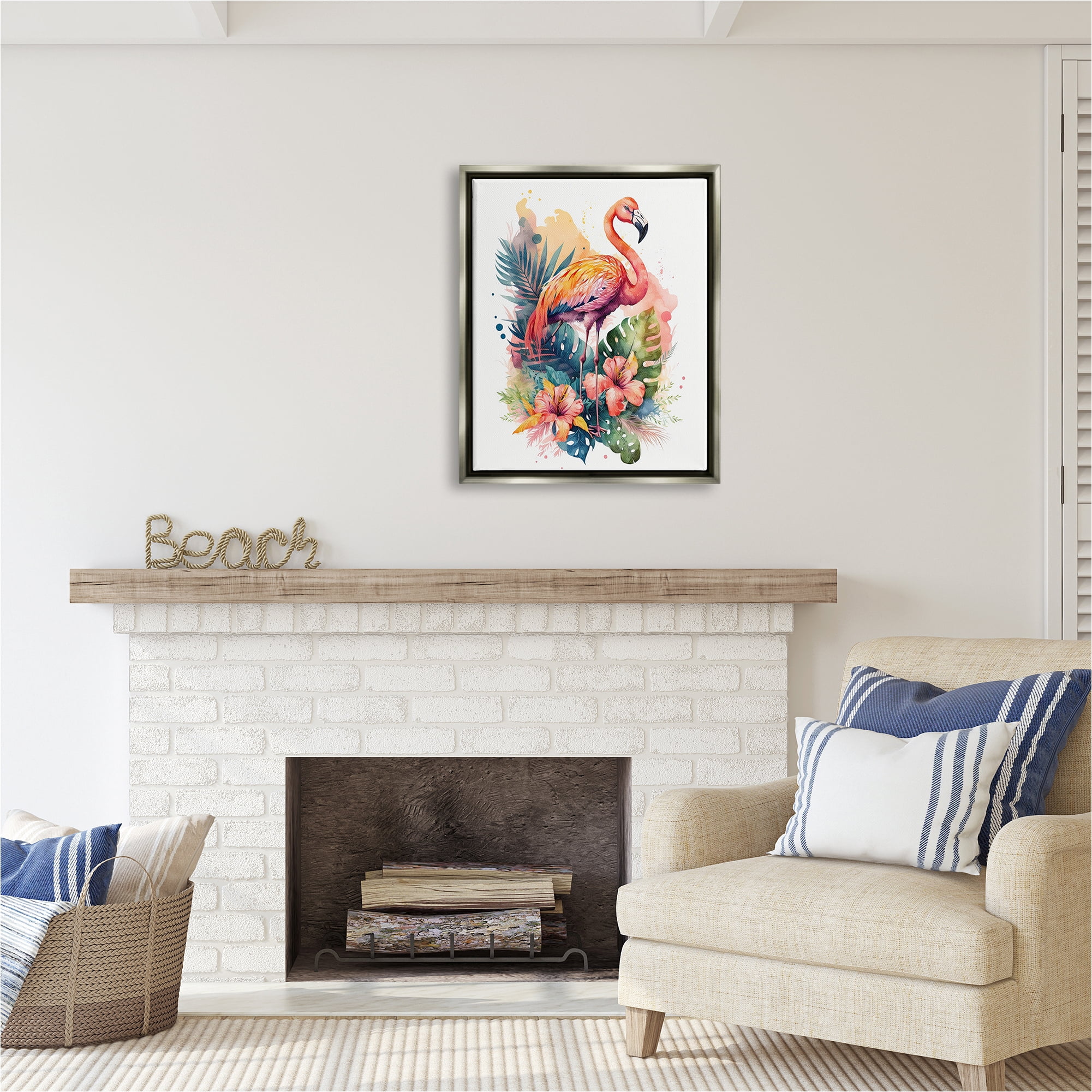 Stupell Industries Modern Tropical Flamingo Animals & Insects Painting Gray Floater Framed Canvas Art Print Wall Art, 25 x 31