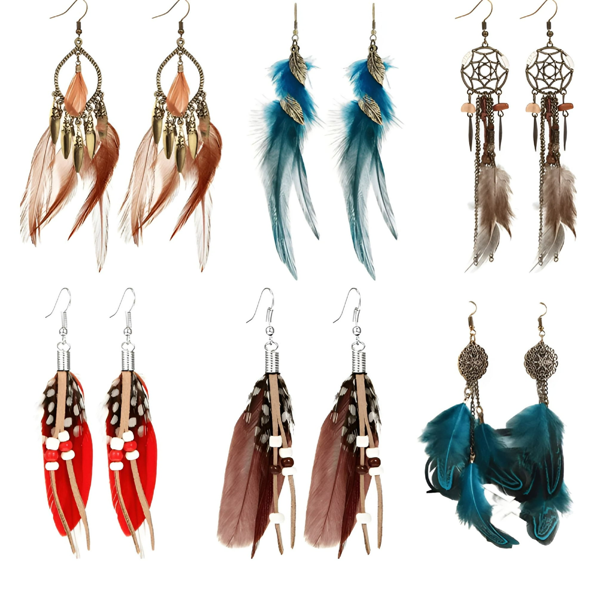 DESIGNICE 2026 New 6 Pairs Women Faux Feather Earrings Dream Catcher Bohemian Fringe Tassel Long Drop Dangle Earrings Set with Design for Women