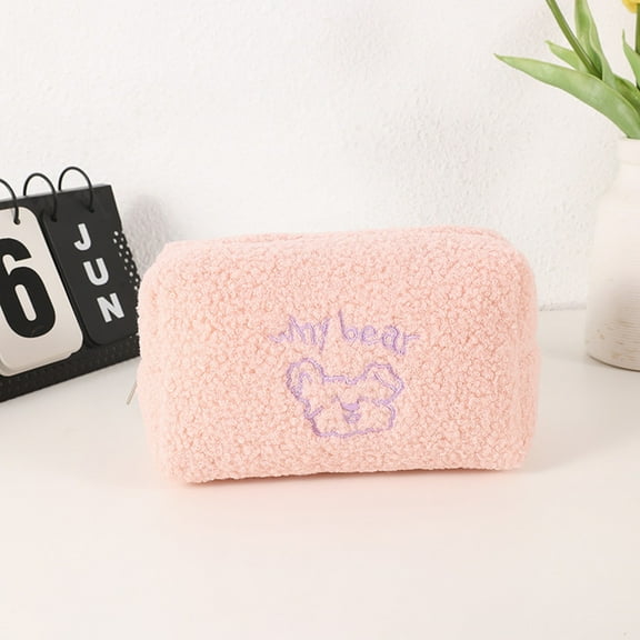 Bear Plush Pencil Case and Makeup Bag, Large Capacity Soft Zipper Storage Pouch for Pens Markers Cosmetic Tools Accessories, Cute Animal Design Organizer for Office Travel Home