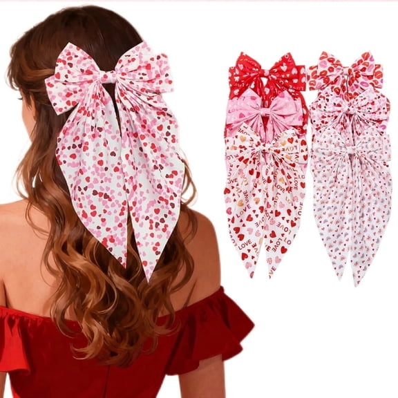 Furling Hair Bows Clips for Women Large Red Bows for Girls White Hair Ribbon for Hair Satin Long Tails with Alligator Clips Big Hair Bow Hair Accessories Pack of 6