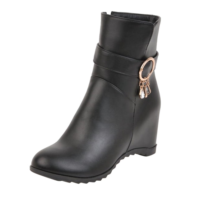 WEAIXIMIUNG Knee Boots for Men with Zipper Fashion Solid Color Leather Rhinestone Decorative Belt Buckle Wedge Heel Side Zipper Boots