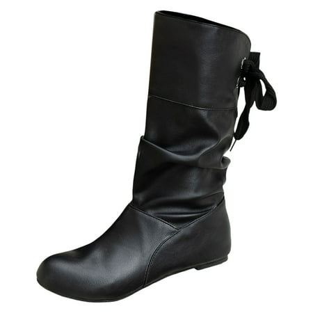 

Cowboy Boots for Women Ladies Solid Color Large Size Retro Round Toe Boots Bowknot Slope Heel Thick Sole Lightweight Mid Calf Boots Riding Boots for Women Ladies Fahion Dress Tall Boots