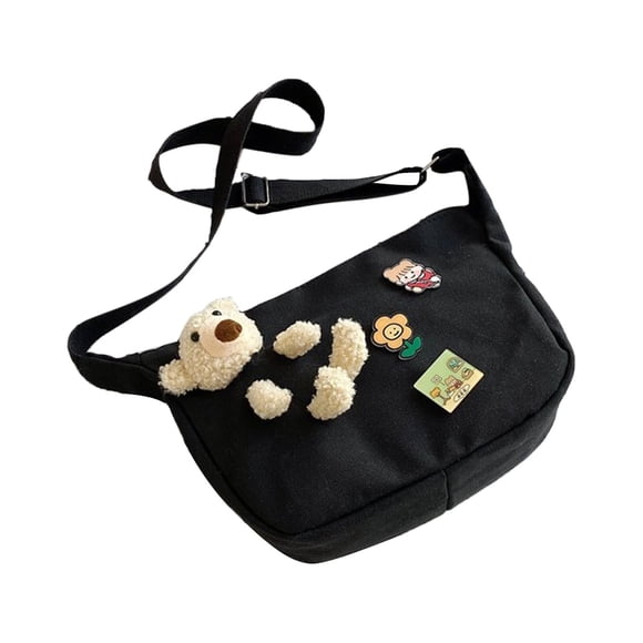 Canvas Bag Cute Cartoon Bear Doll Single Shoulder Ins Literary Schoolbag for Female Students Black
