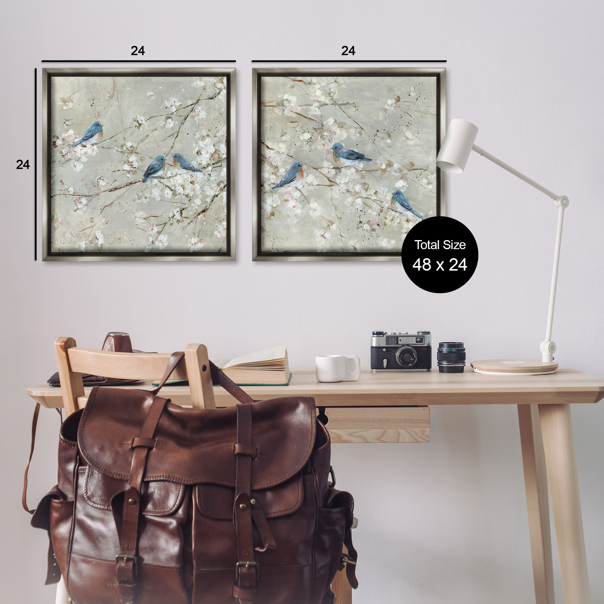 Stupell Industries Blue Birds Perched Tree Blossoms Animals & Insects Painting Gray Floater Framed Canvas Art Print Wall Art, 25 x 25, Set of 2