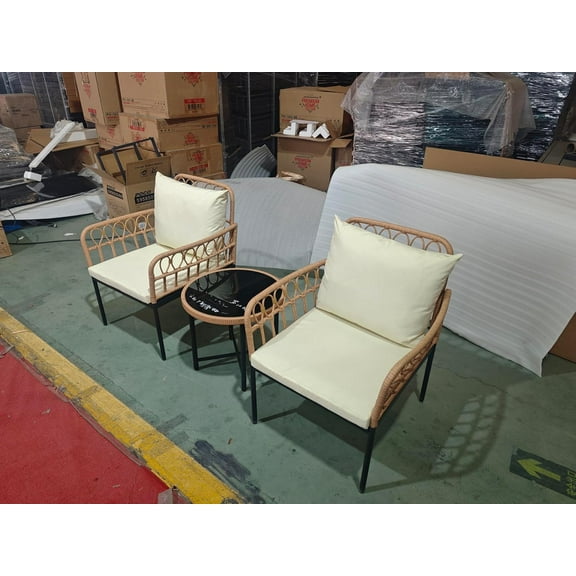IdeaHouse 3-Piece Outdoor Wicker Patio Bistro Set, All-Weather Rattan Patio Conversation Set with Cushions & Coffee Table for Balcony, Deck, Backyard