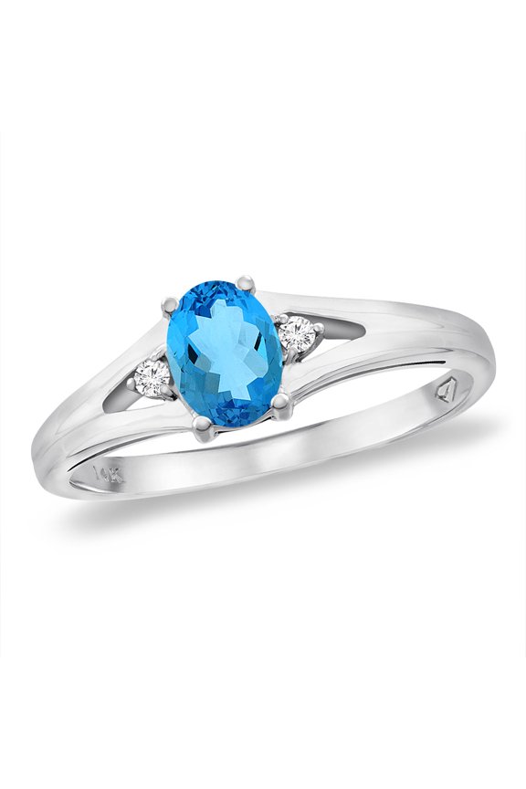 14K White Gold Diamond Natural Swiss Blue Topaz Engagement Ring Oval 6x4 mm, size 5.5