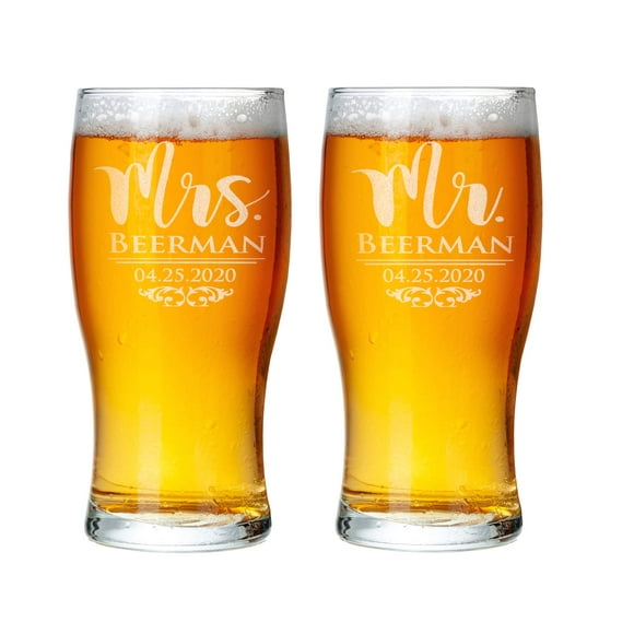 Verres à Bière Personnalisés Gravés Mr Mrs Ensemble de 2 Pub 50e Anniversaire de Mariage Papa Maman Marié Bientôt Fiançailles Couples Rustiques