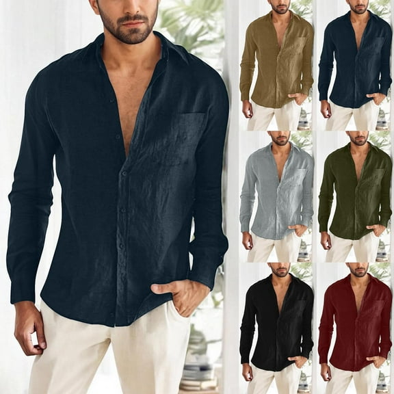 BiZtdJrK Men's Casual Long Sleeve Tops Cotton Gauze Shirts Button Down Collared Blouse Beach Vacation Shirt with Pocket, Black, M