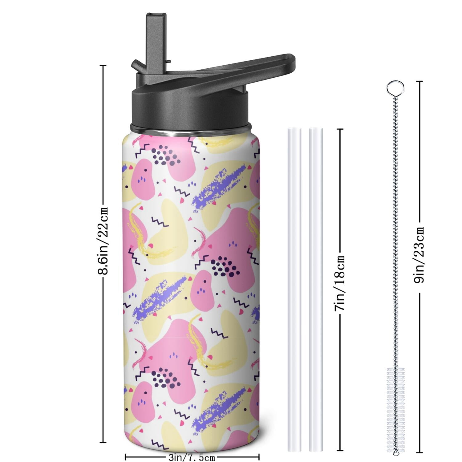 Modern 18 oz Insulated Stainless Steel Water Bottle with Straw & Cleaning Brush , Leakproof, BPA-Free, 304 Stainless Steel, Wide Mouth, Travel Mug for Car, Gym, Office