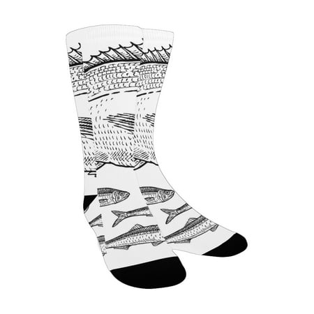 

Sketchy Yacht Ocean Sealife Deep Water Baby and Mother Fish Hand Drawn Image Artwork Black and White Custom Socks for Women