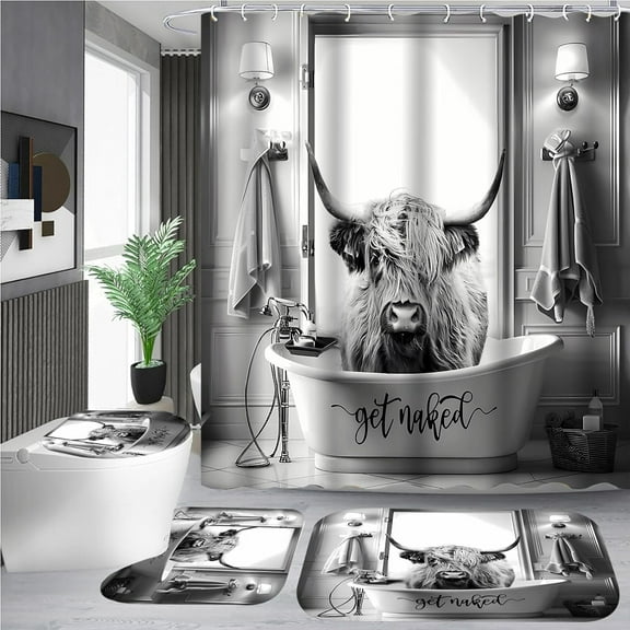 Cow Shower Curtain Sets 4PCS Set Western Farmhouse Funny Highland Cow Get Animal Print for Non-Slip Bath Rugs Soft Toilet Mat Rustic Bathroom Decor (Brown Truck Cow 4PCS)