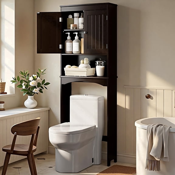 Over the Toilet Storage Cabinet, Lofka Space-Saving Bathroom Organizers and Storage with Adjustable Shlef & Doors, Espresso